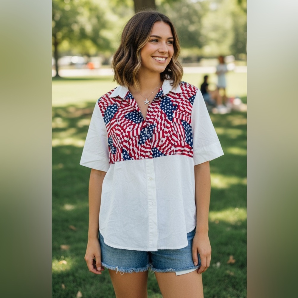 Vintage Willow Bay Patriotic Flag Wide Sleeve Button Down Shirt​